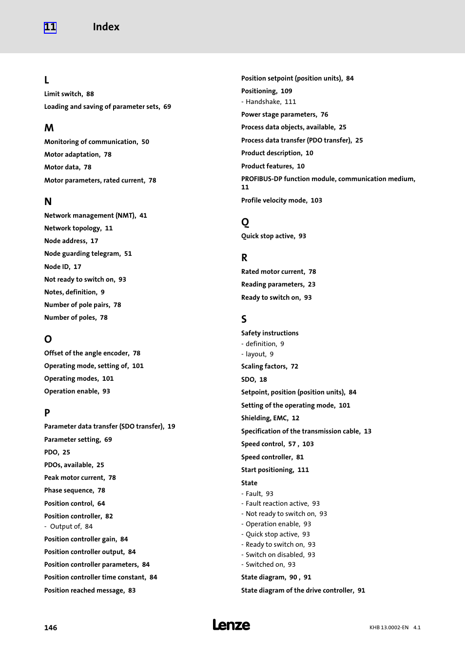 Index 11 | Lenze 931K User Manual | Page 146 / 148