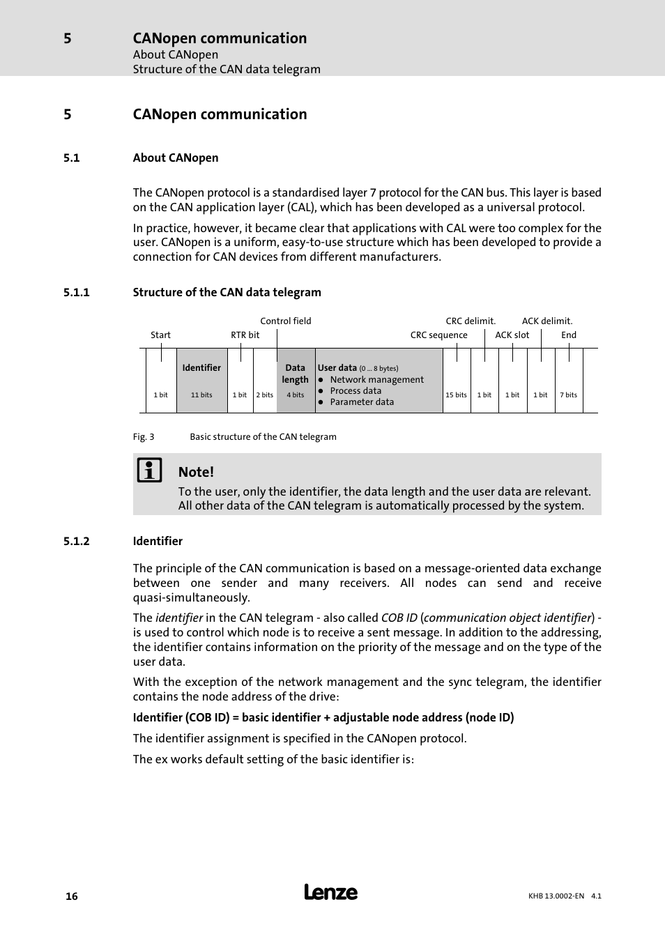 5 canopen communication, 1 about canopen, 1 structure of the can data telegram | 2 identifier, Canopen communication, About canopen, Structure of the can data telegram, Identifier, 5canopen communication | Lenze 931K User Manual | Page 16 / 148