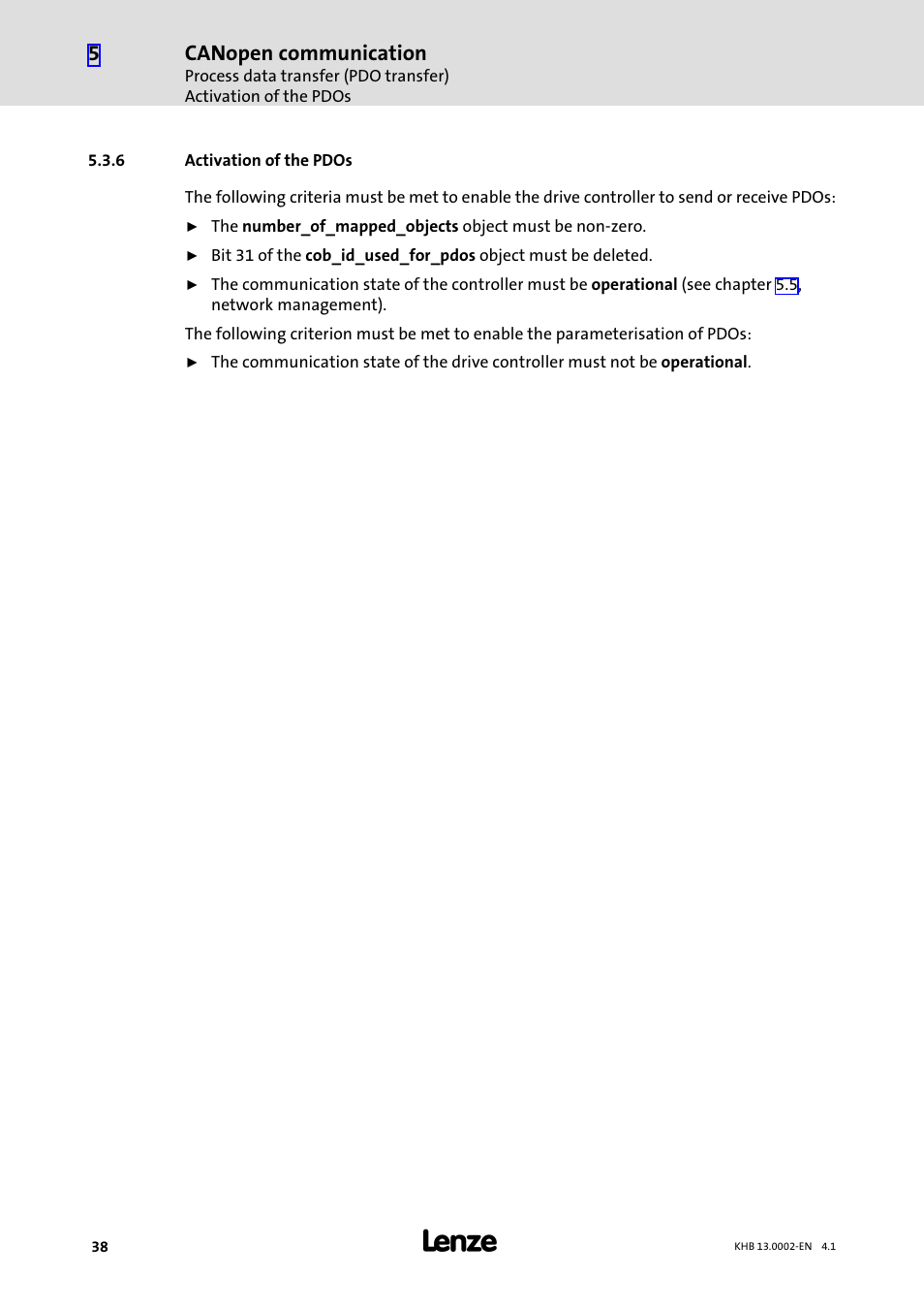 6 activation of the pdos, Activation of the pdos, Canopen communication | Lenze 931K User Manual | Page 38 / 148