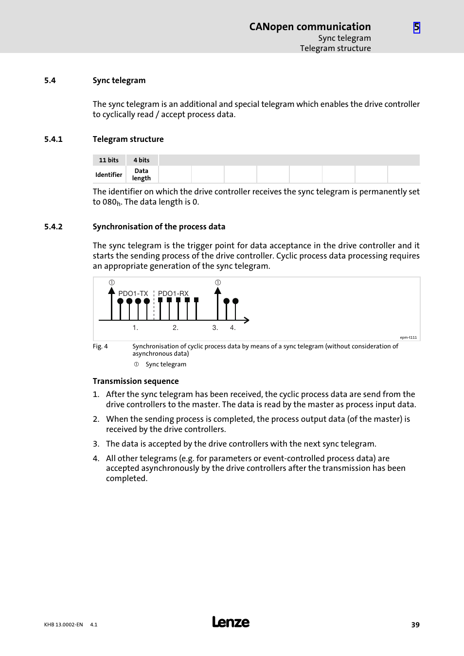 4 sync telegram, 1 telegram structure, 2 synchronisation of the process data | Sync telegram, Telegram structure, Synchronisation of the process data, Canopen communication | Lenze 931K User Manual | Page 39 / 148