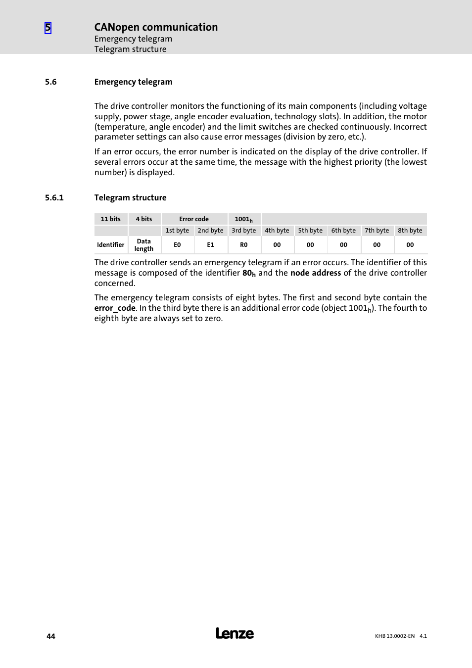 6 emergency telegram, 1 telegram structure, Emergency telegram | Telegram structure, Canopen communication | Lenze 931K User Manual | Page 44 / 148