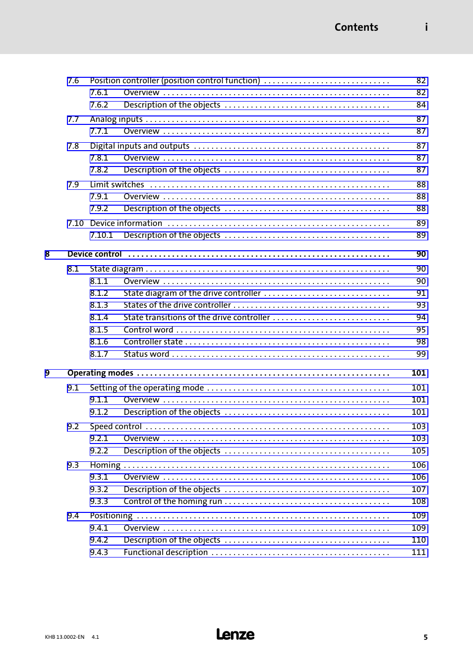 Contents i | Lenze 931K User Manual | Page 5 / 148