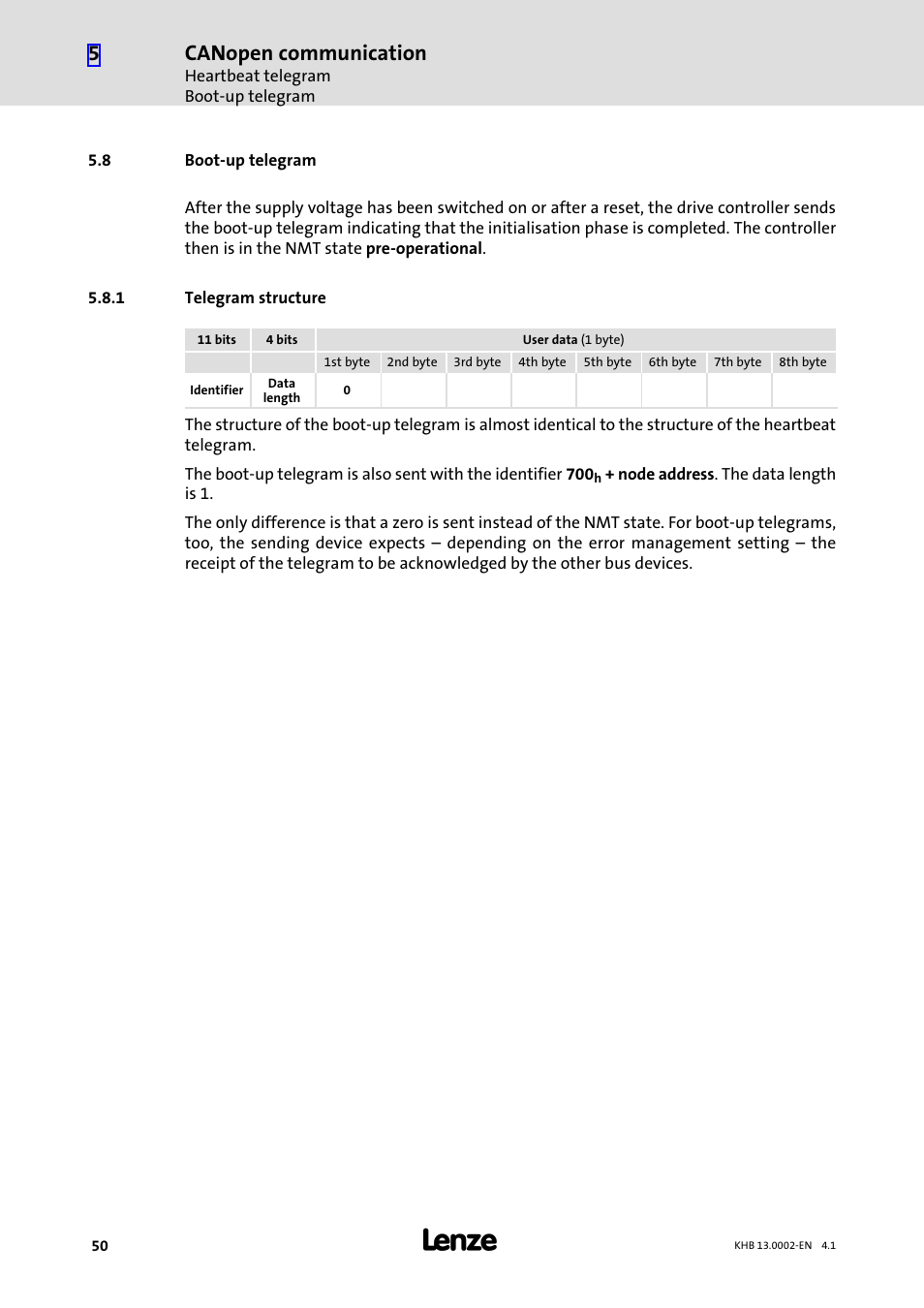 8 boot-up telegram, 1 telegram structure, Boot−up telegram | Telegram structure, Canopen communication | Lenze 931K User Manual | Page 50 / 148