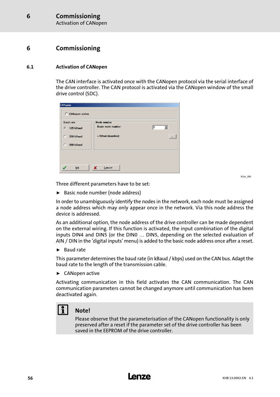 6 commissioning, 1 activation of canopen, Commissioning | Activation of canopen | Lenze 931K User Manual | Page 56 / 148