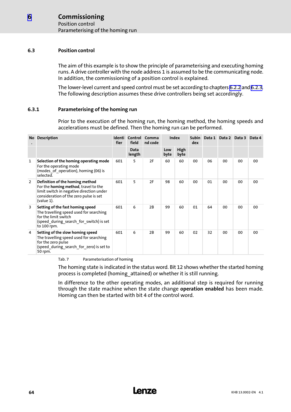 3 position control, 1 parameterising of the homing run, Position control | Parameterising of the homing run, Commissioning | Lenze 931K User Manual | Page 64 / 148