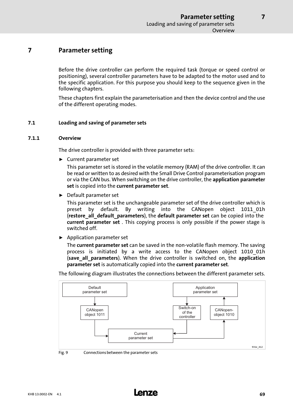 7 parameter setting, 1 loading and saving of parameter sets, 1 overview | Parameter setting, Loading and saving of parameter sets, Overview, 7parameter setting | Lenze 931K User Manual | Page 69 / 148