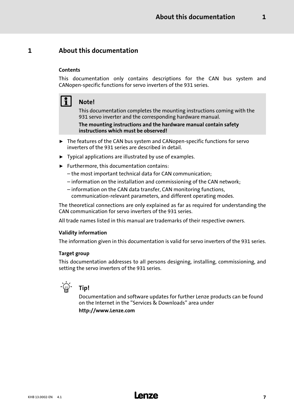 1 about this documentation, About this documentation | Lenze 931K User Manual | Page 7 / 148