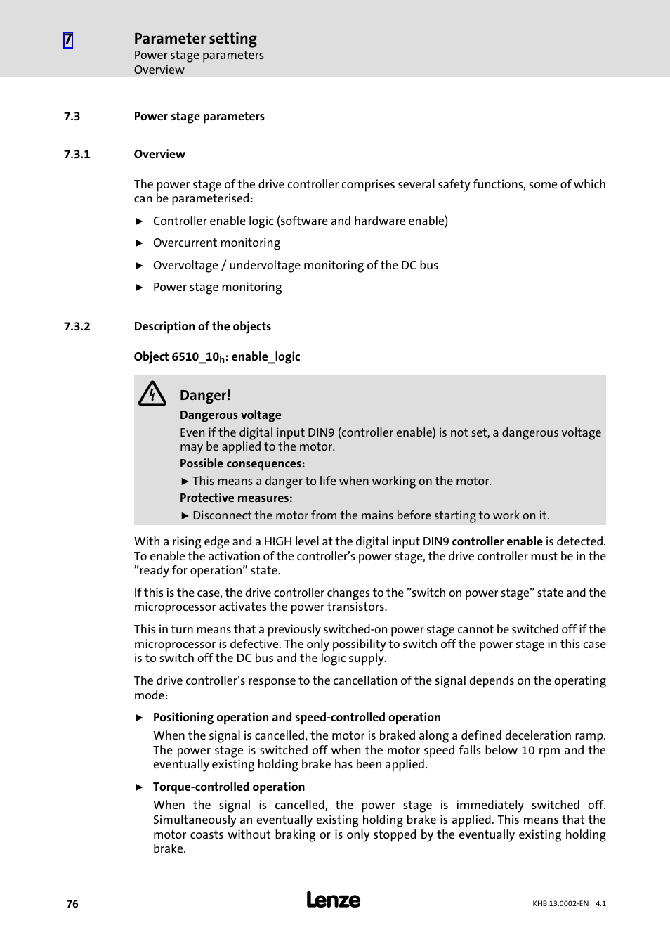 3 power stage parameters, 1 overview, 2 description of the objects | Power stage parameters, Overview, Description of the objects, Parameter setting | Lenze 931K User Manual | Page 76 / 148