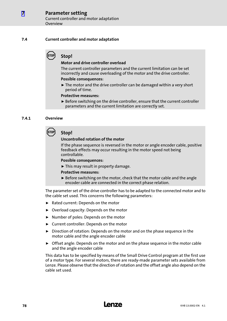 4 current controller and motor adaptation, 1 overview, Current controller and motor adaptation | Overview, Parameter setting | Lenze 931K User Manual | Page 78 / 148