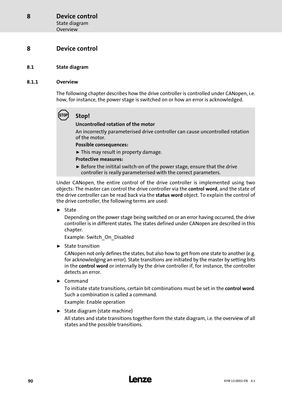 8 device control, 1 state diagram, 1 overview | Device control, State diagram, Overview | Lenze 931K User Manual | Page 90 / 148