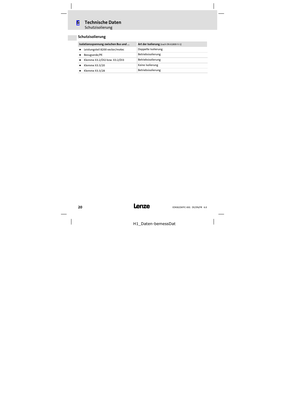 Schutzisolierung, Schutzisolierung 20, 6technische daten | Lenze E82ZAFFC001 User Manual | Page 20 / 58