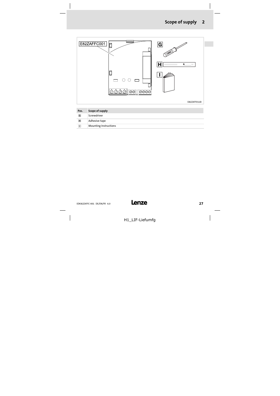 2 scope of supply, Scope of supply | Lenze E82ZAFFC001 User Manual | Page 27 / 58