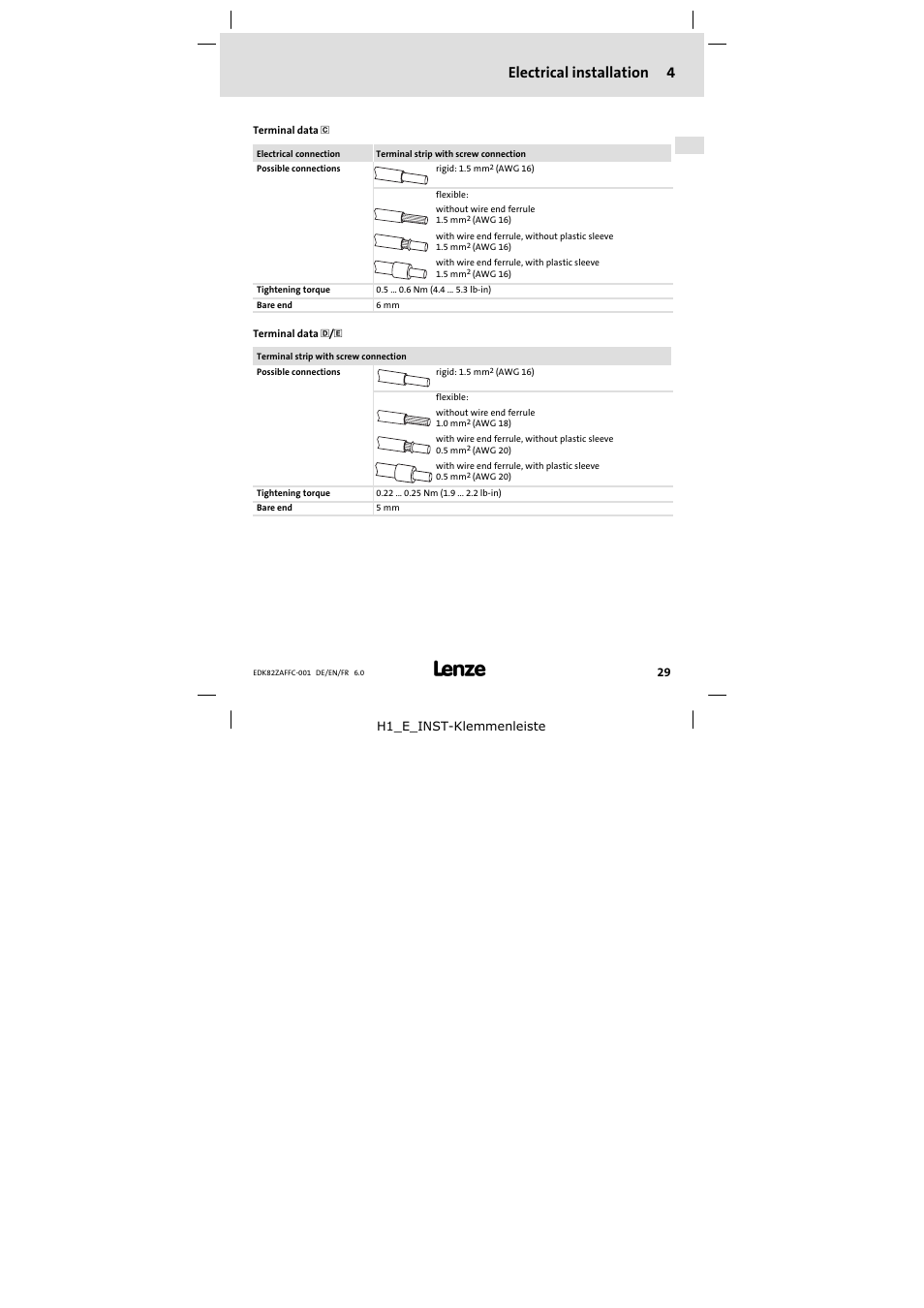 4 electrical installation, Electrical installation, Electrical installation 4 | Lenze E82ZAFFC001 User Manual | Page 29 / 58