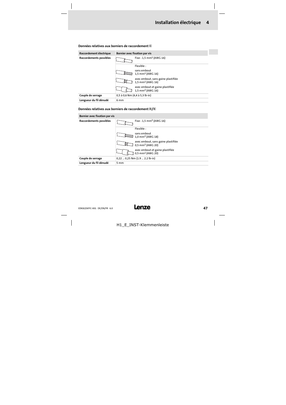 4 installation électrique, Installation électrique, Installation électrique 4 | Lenze E82ZAFFC001 User Manual | Page 47 / 58