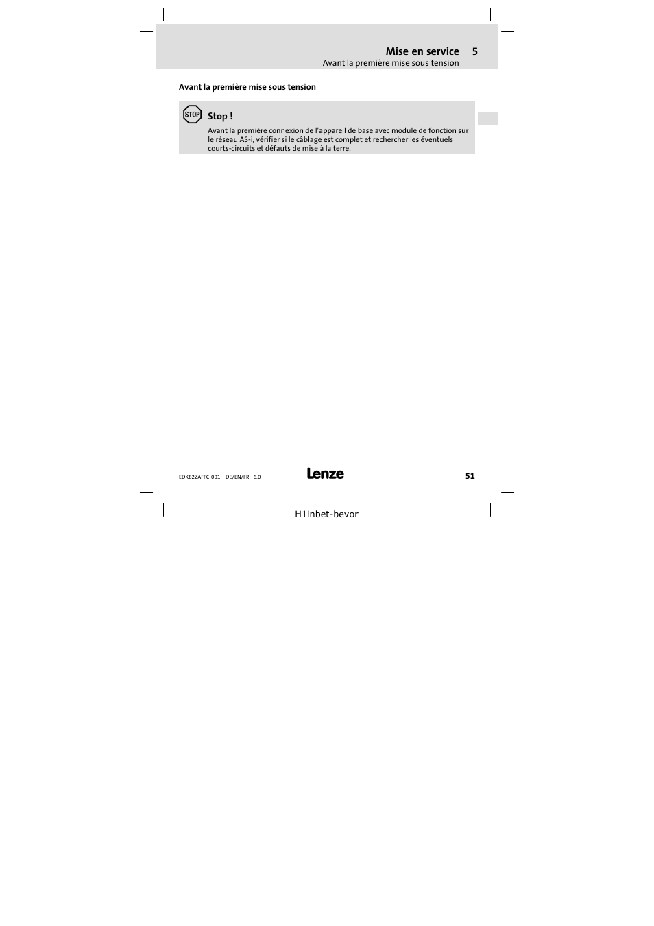 5 mise en service, Avant la première mise sous tension, Mise en service | Lenze E82ZAFFC001 User Manual | Page 51 / 58