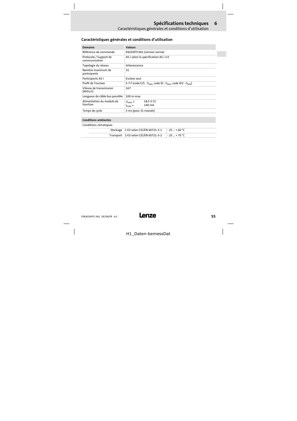 6 spécifications techniques, Spécifications techniques | Lenze E82ZAFFC001 User Manual | Page 55 / 58
