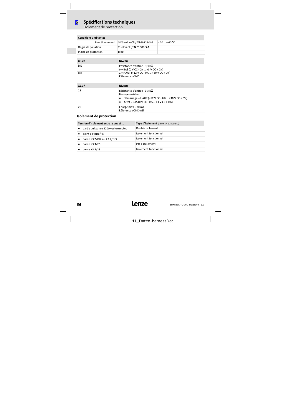 Isolement de protection, 6spécifications techniques | Lenze E82ZAFFC001 User Manual | Page 56 / 58