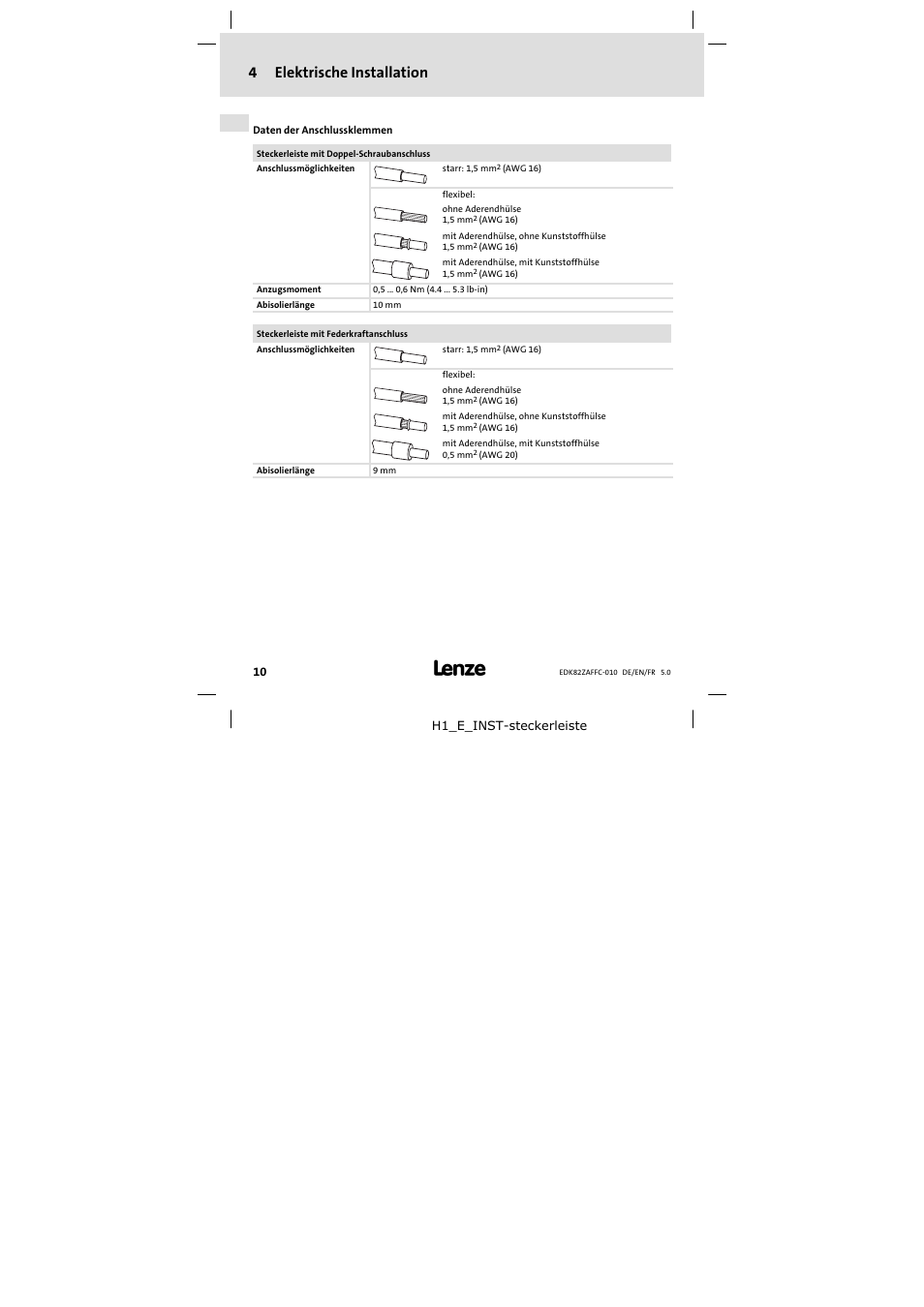 4 elektrische installation, Elektrische installation, 4elektrische installation | Lenze E82ZAFFC010 User Manual | Page 10 / 58