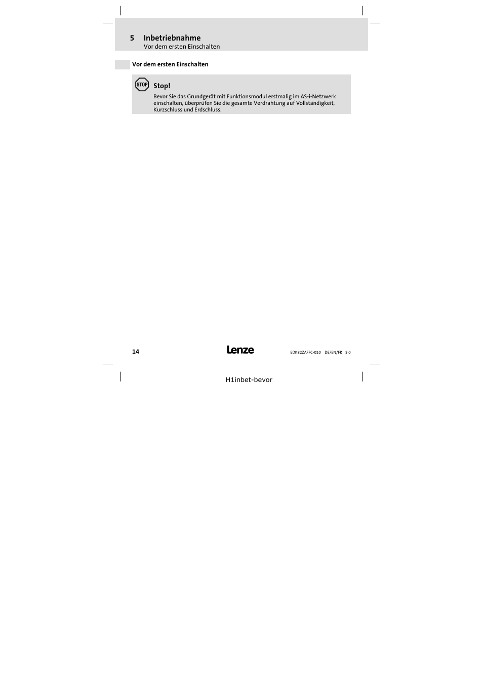 5 inbetriebnahme, Vor dem ersten einschalten, Inbetriebnahme | Lenze E82ZAFFC010 User Manual | Page 14 / 58