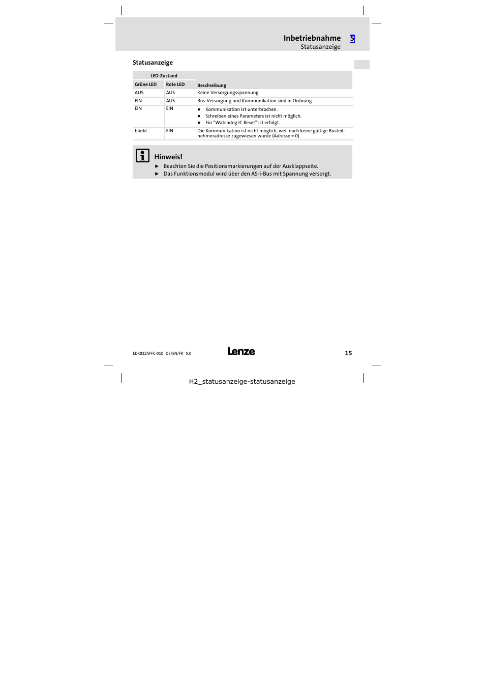 Statusanzeige, Inbetriebnahme | Lenze E82ZAFFC010 User Manual | Page 15 / 58