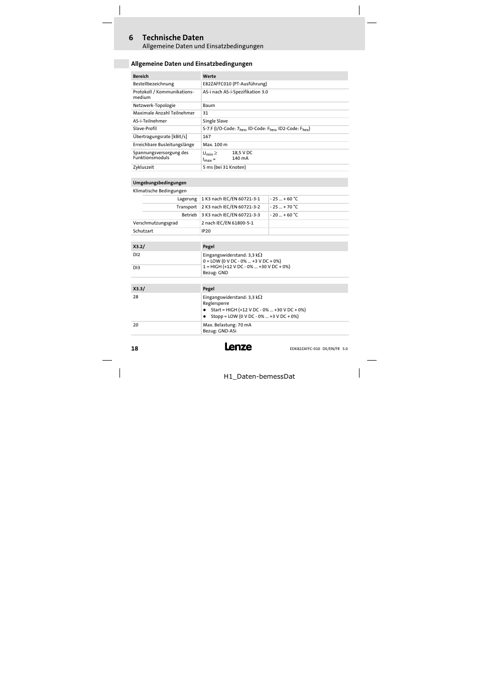 6 technische daten, Allgemeine daten und einsatzbedingungen, Technische daten | 6technische daten | Lenze E82ZAFFC010 User Manual | Page 18 / 58