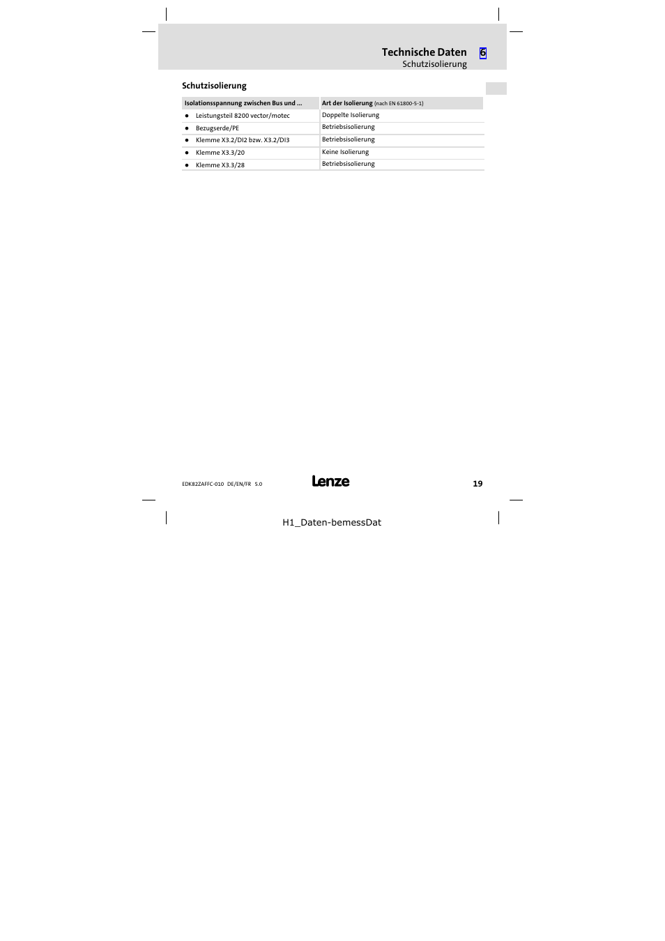 Schutzisolierung, Schutzisolierung 19, Technische daten | Lenze E82ZAFFC010 User Manual | Page 19 / 58