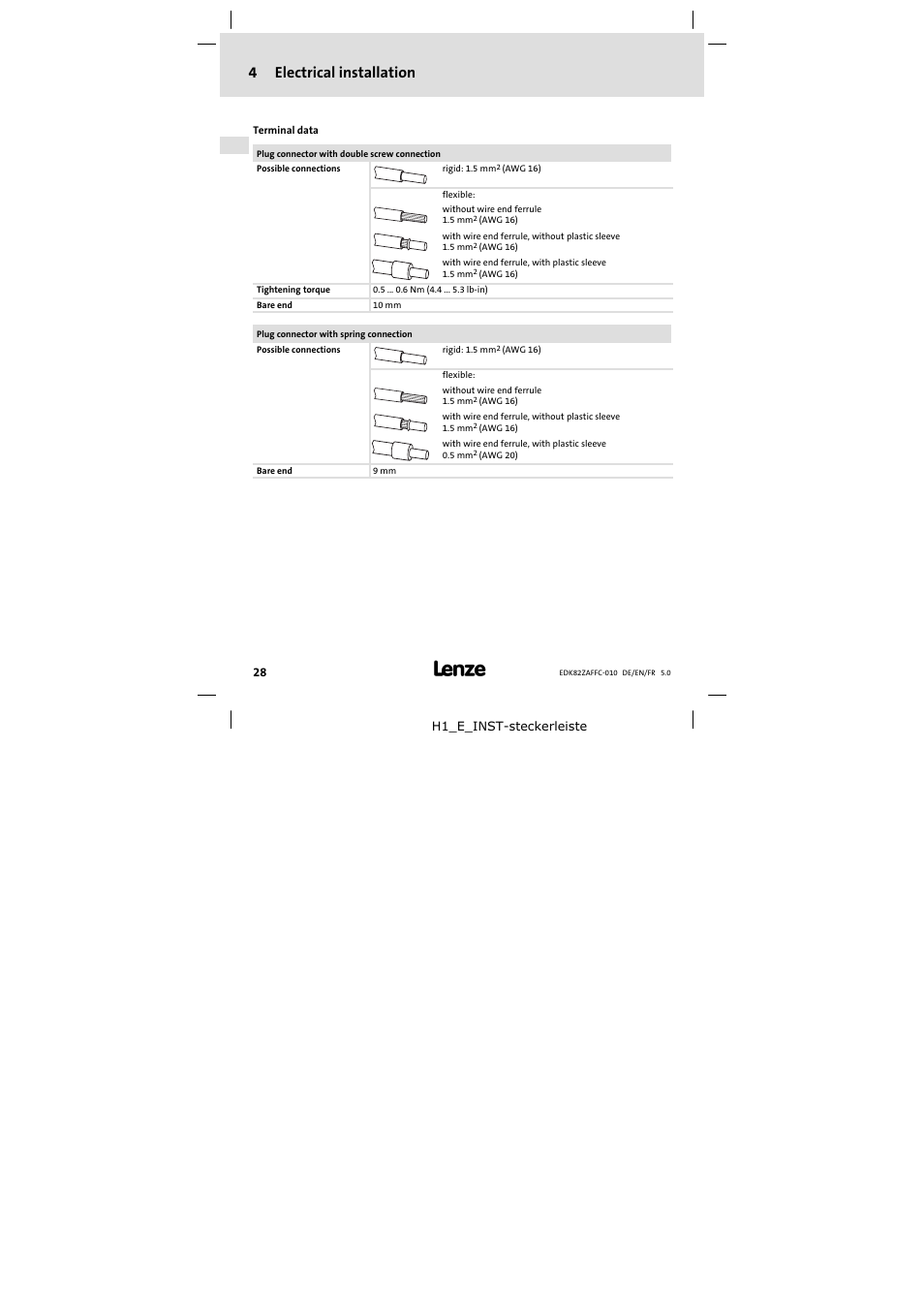 4 electrical installation, Electrical installation, 4electrical installation | Lenze E82ZAFFC010 User Manual | Page 28 / 58