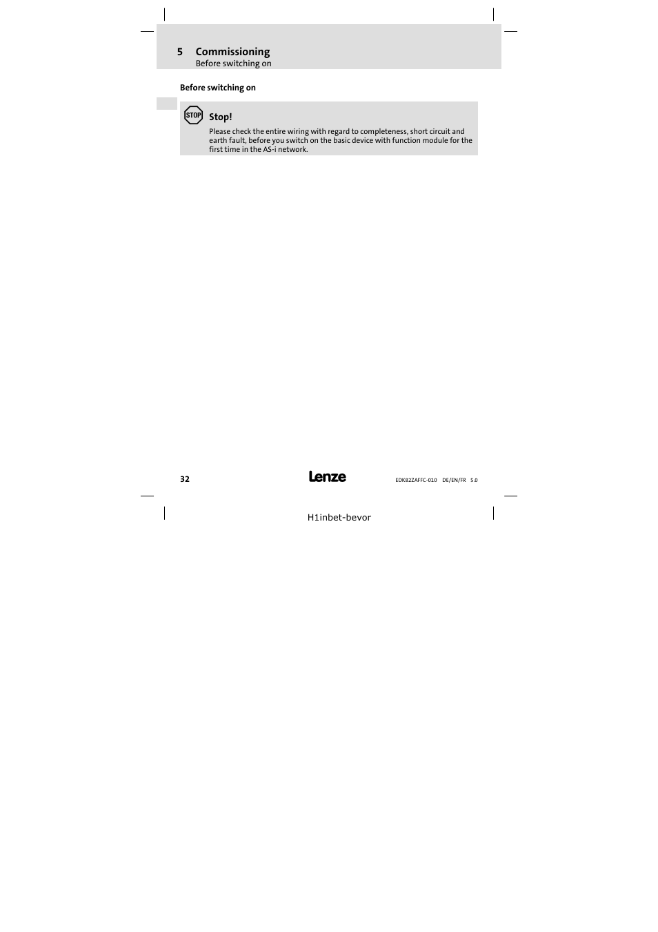 5 commissioning, Before switching on, Commissioning 32 | Lenze E82ZAFFC010 User Manual | Page 32 / 58