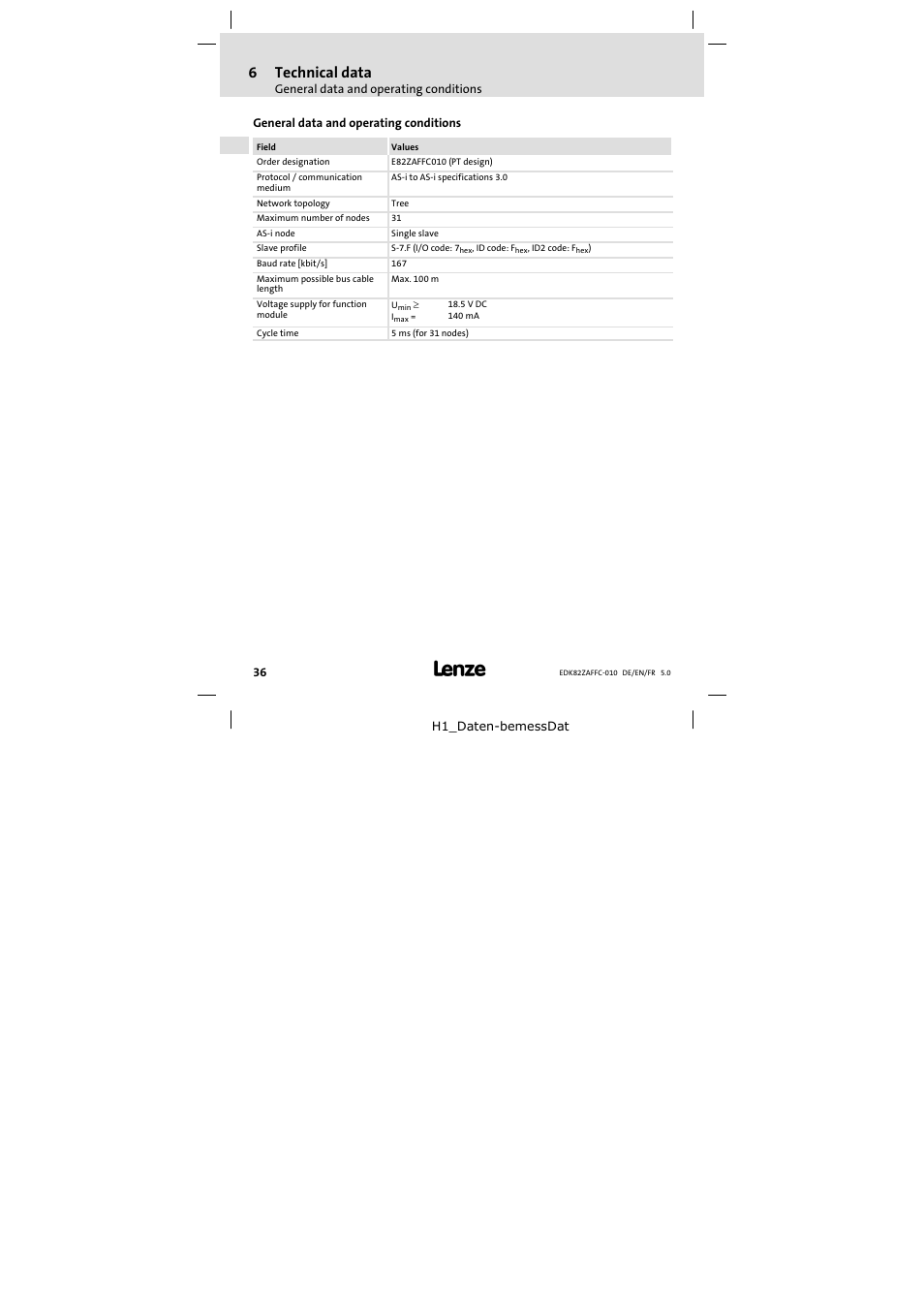 6 technical data, General data and operating conditions, Technical data | 6technical data | Lenze E82ZAFFC010 User Manual | Page 36 / 58