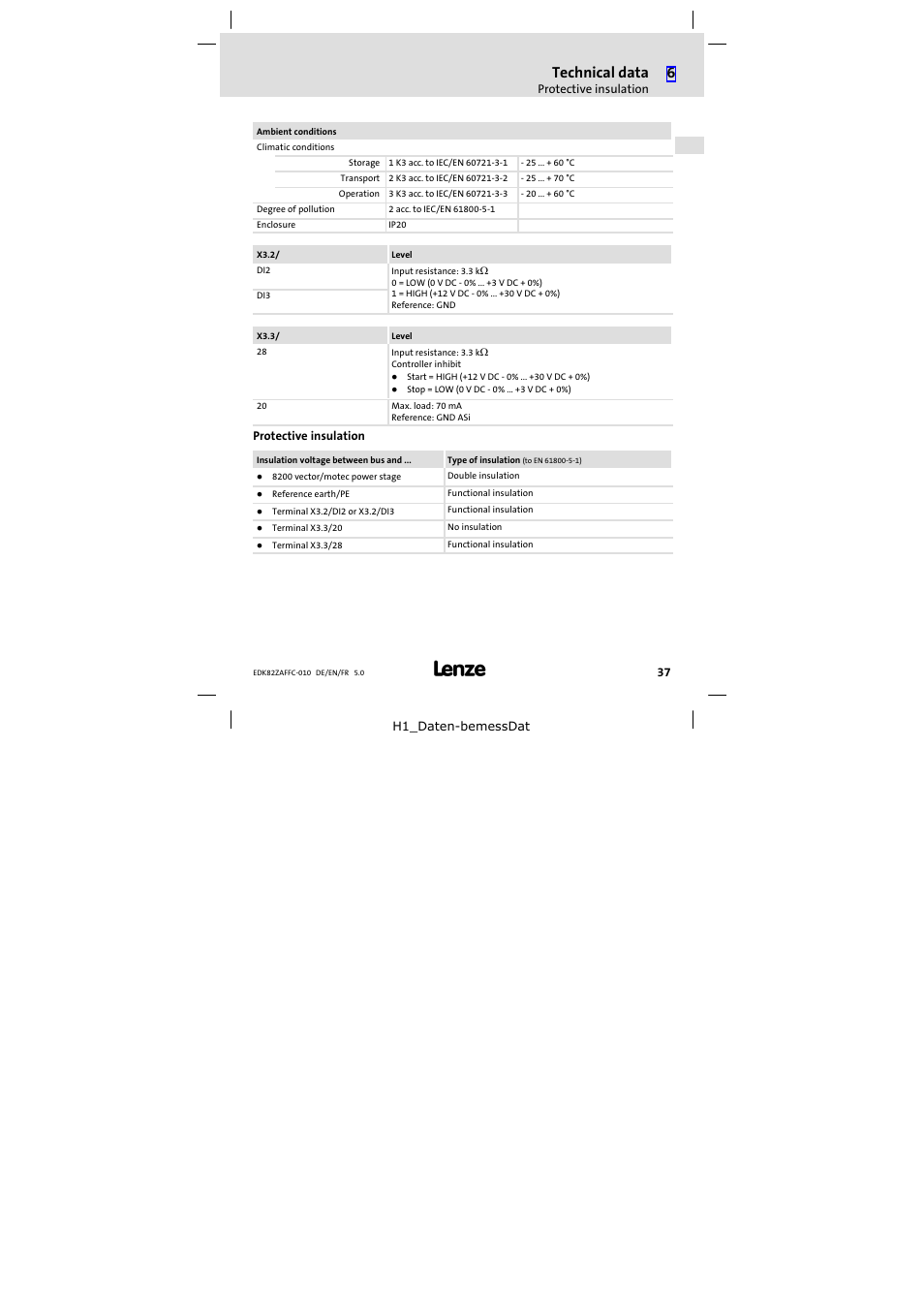 Protective insulation, Technical data | Lenze E82ZAFFC010 User Manual | Page 37 / 58