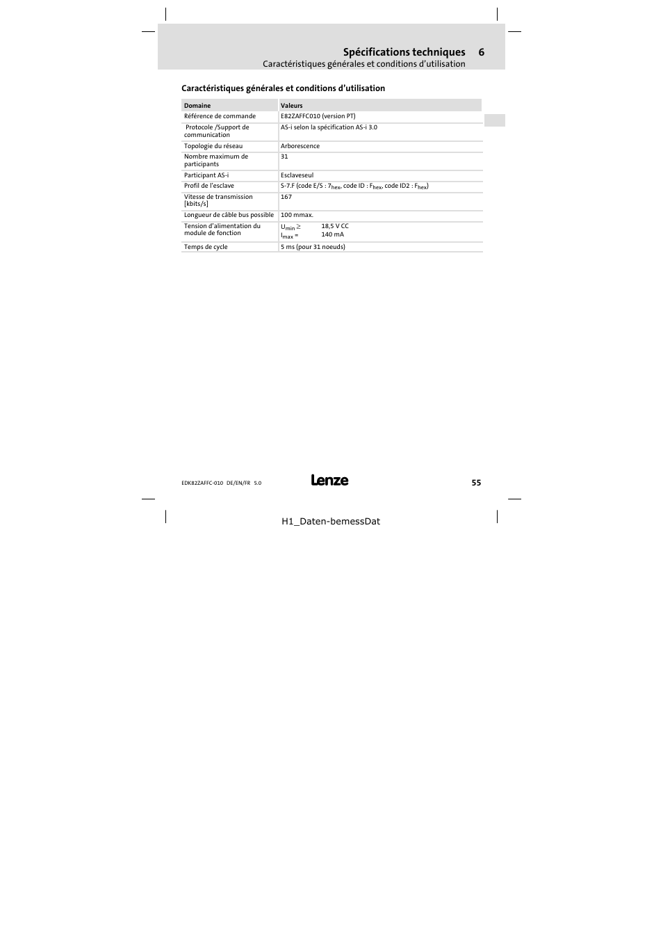 6 spécifications techniques, Spécifications techniques | Lenze E82ZAFFC010 User Manual | Page 55 / 58