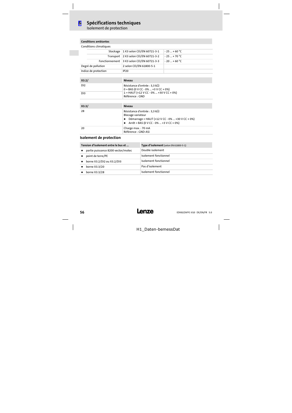 Isolement de protection, 6spécifications techniques | Lenze E82ZAFFC010 User Manual | Page 56 / 58
