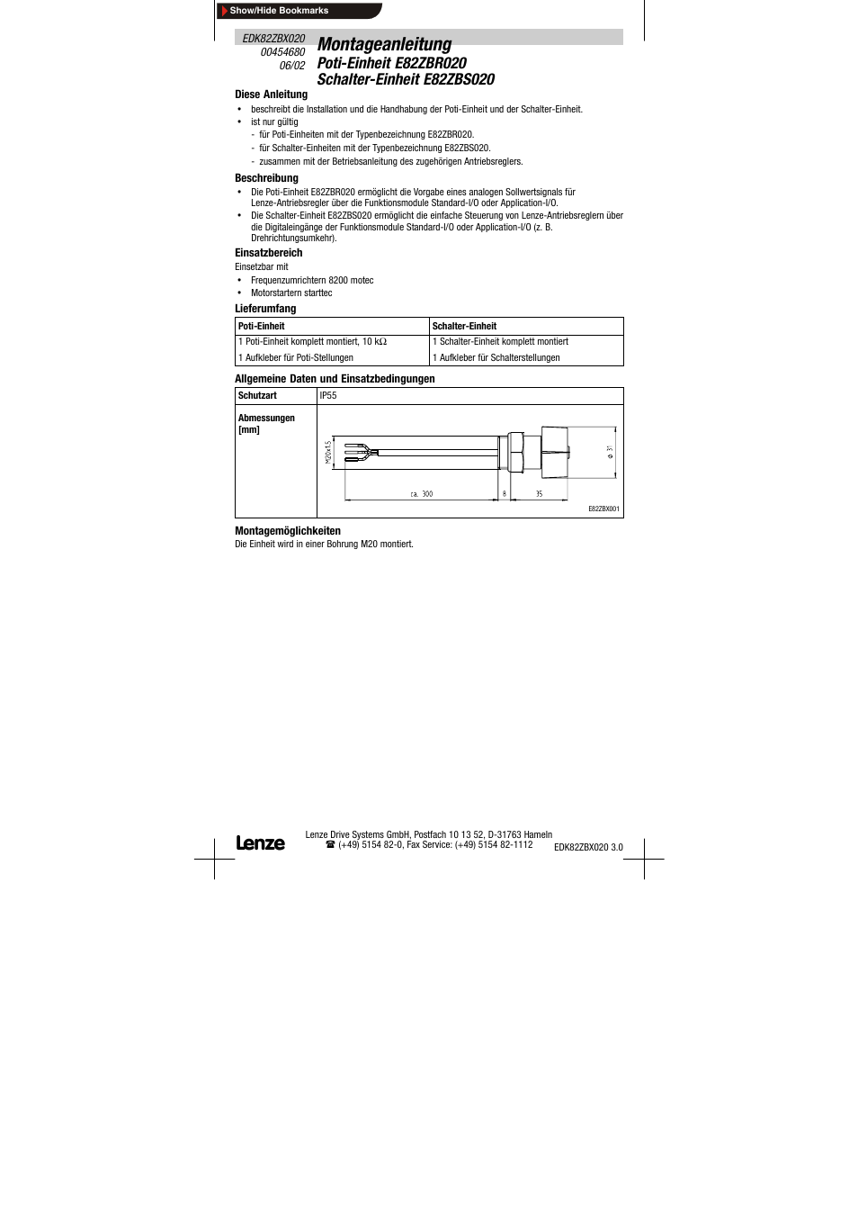 Lenze E82ZBS020 User Manual | 18 pages