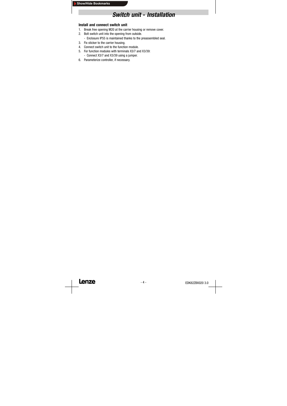 Switch unit - installation | Lenze E82ZBS020 User Manual | Page 10 / 18