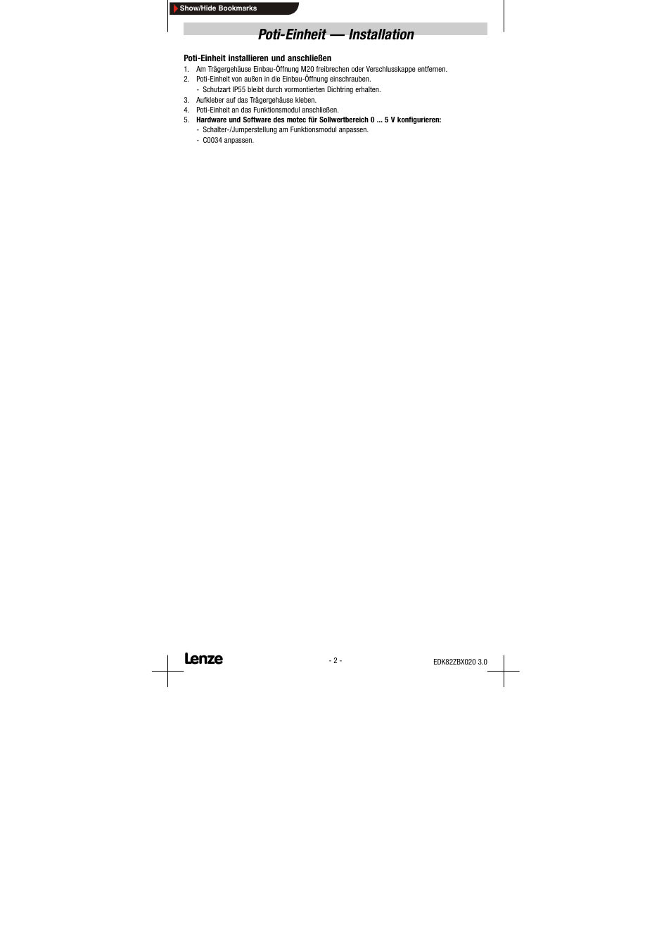 Poti-einheit - installation, Poti-einheit — installation | Lenze E82ZBS020 User Manual | Page 2 / 18