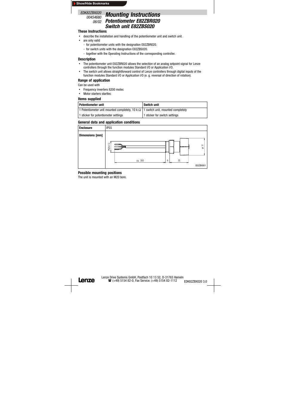 Mounting instructions | Lenze E82ZBS020 User Manual | Page 7 / 18