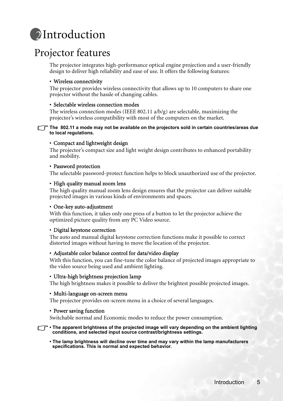 Introduction, Projector features | BenQ CP120 User Manual | Page 13 / 66