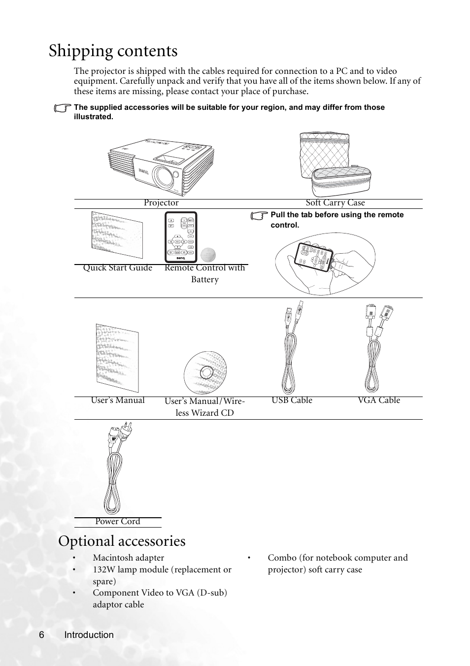 Shipping contents, Optional accessories | BenQ CP120 User Manual | Page 14 / 66