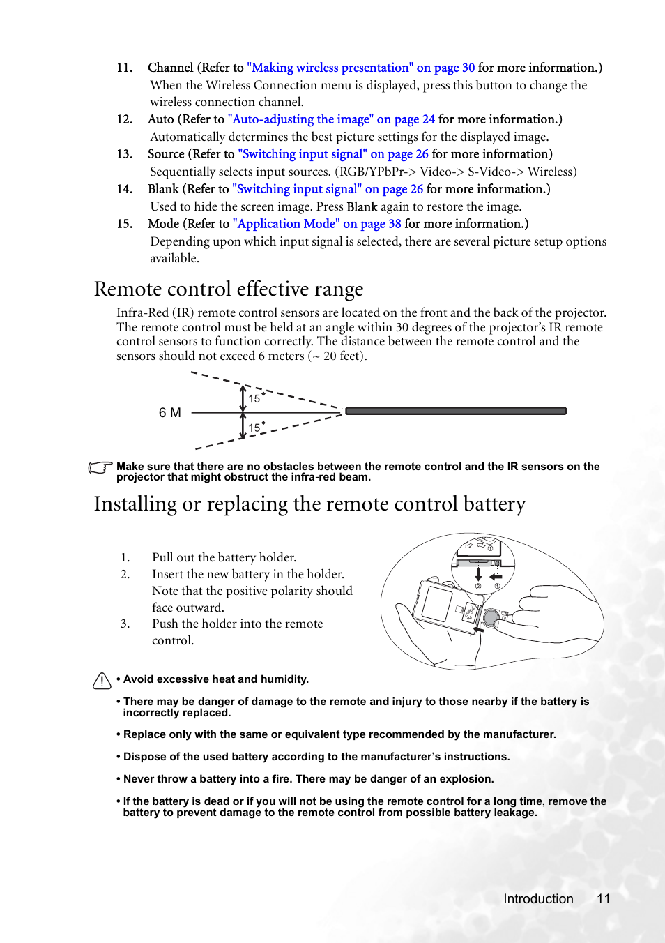 Remote control effective range, Installing or replacing the remote control battery | BenQ CP120 User Manual | Page 19 / 66