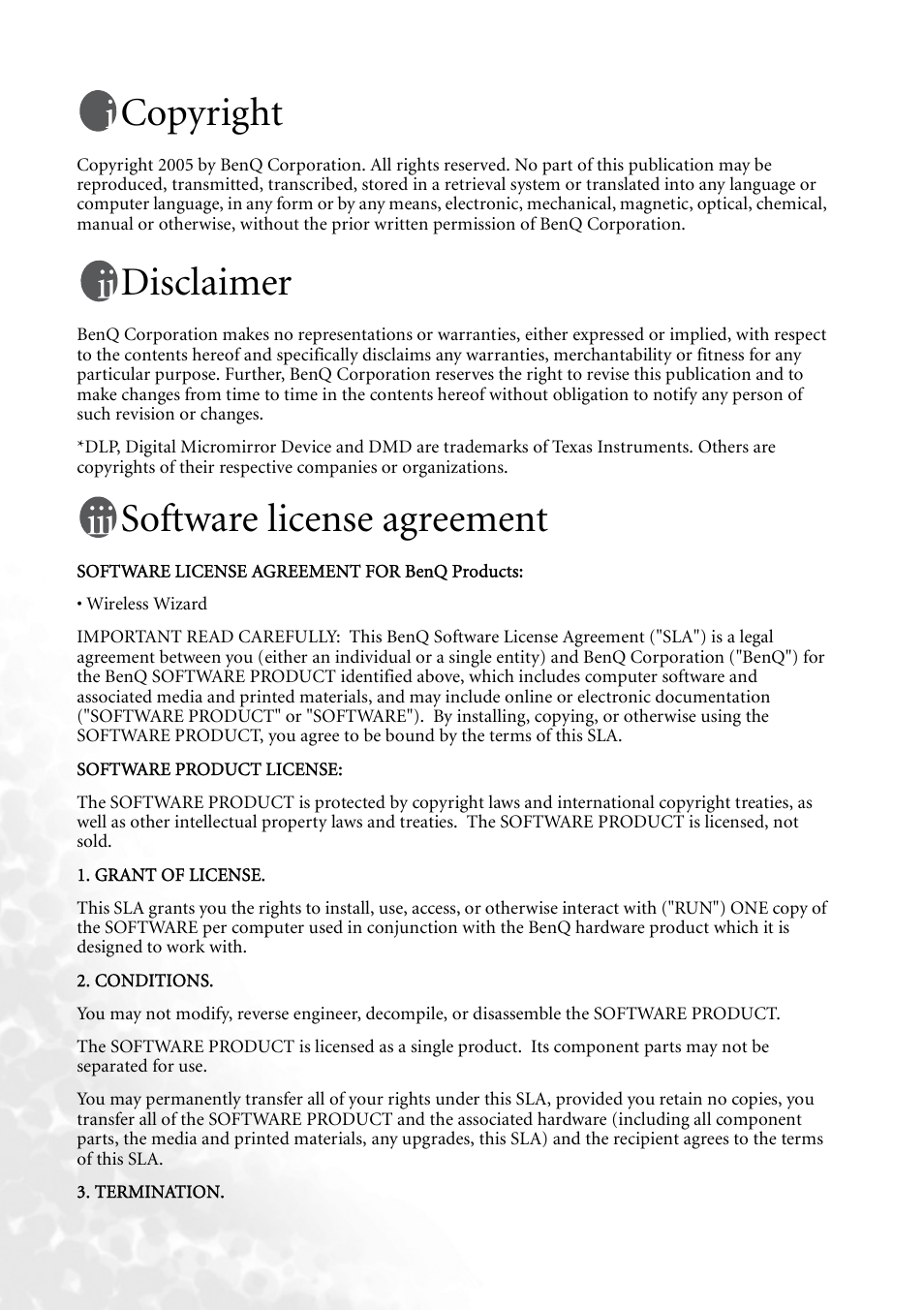 Copyright, Disclaimer, Software license agreement | BenQ CP120 User Manual | Page 2 / 66