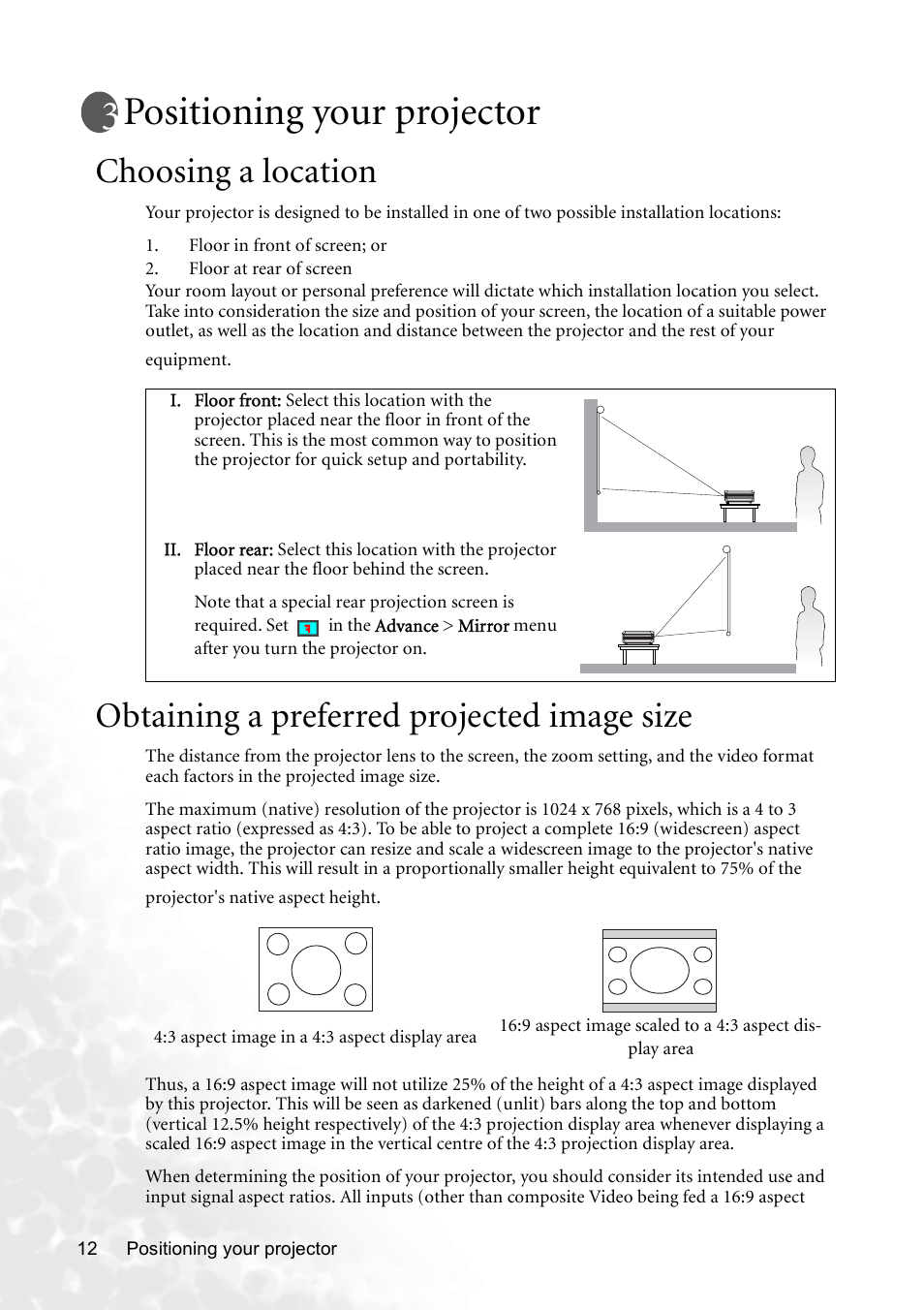 Positioning your projector, Choosing a location, Obtaining a preferred projected image size | BenQ CP120 User Manual | Page 20 / 66