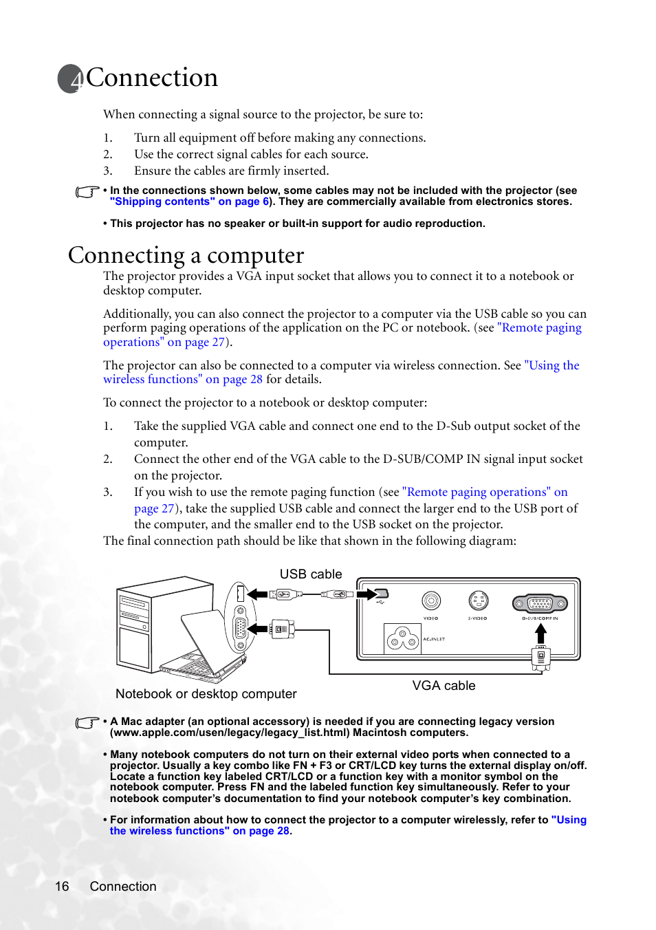 Connection, Connecting a computer | BenQ CP120 User Manual | Page 24 / 66