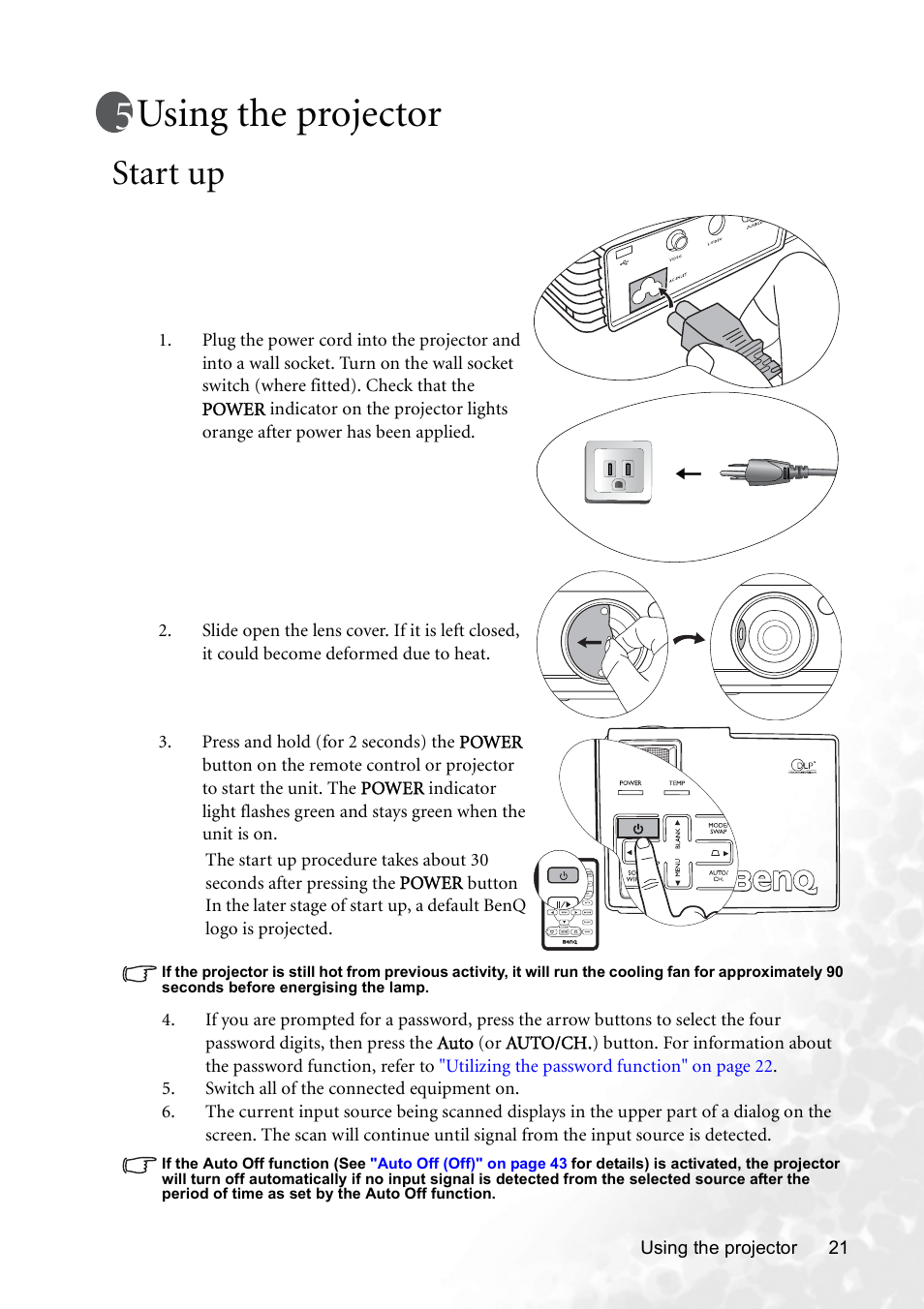 Using the projector, Start up | BenQ CP120 User Manual | Page 29 / 66
