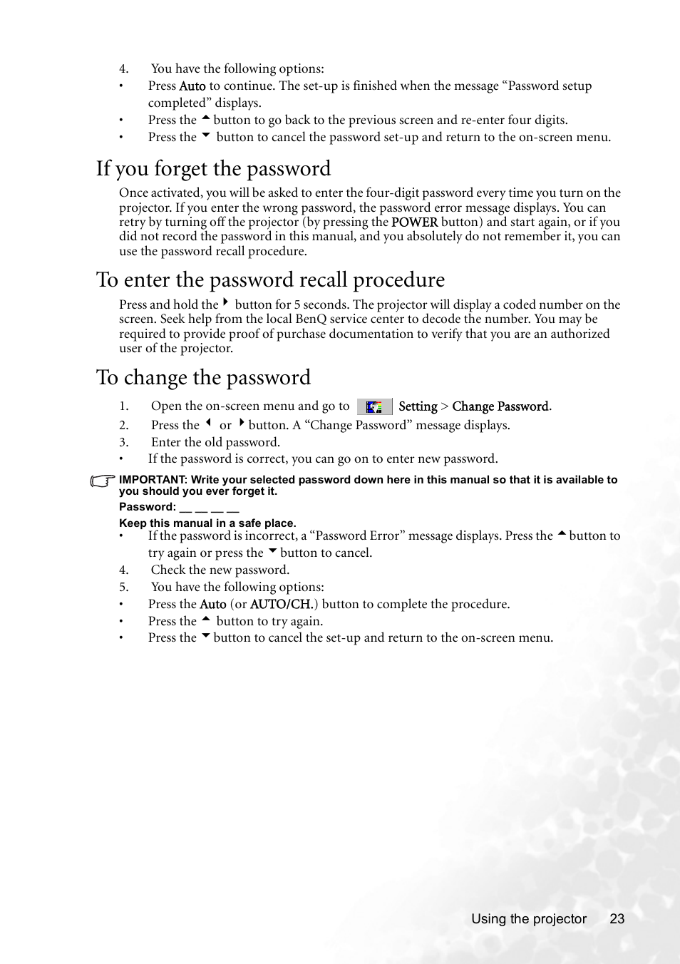 If you forget the password, To enter the password recall procedure, To change the password | BenQ CP120 User Manual | Page 31 / 66