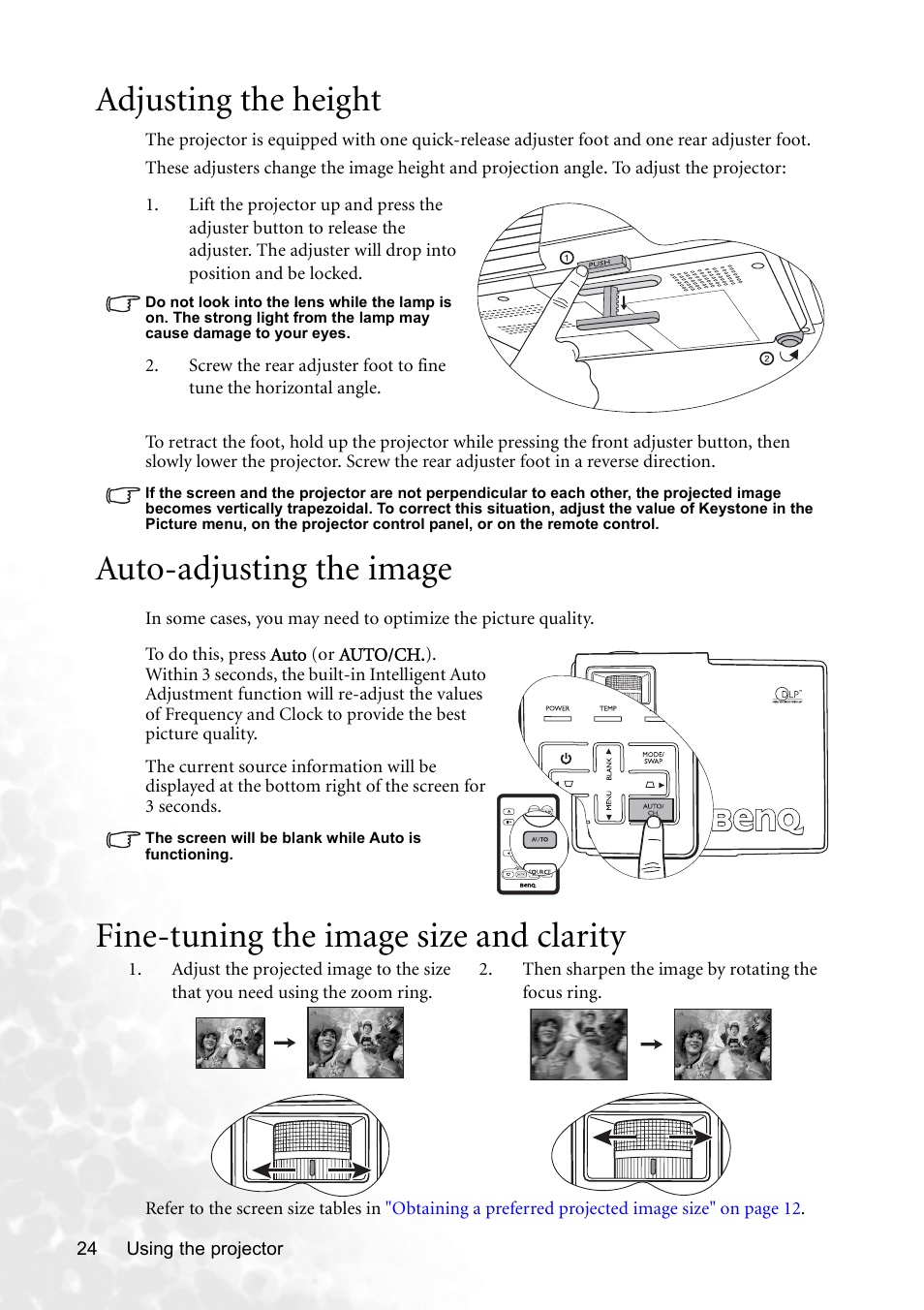Adjusting the height, Auto-adjusting the image, Fine-tuning the image size and clarity | Adjusting the height auto-adjusting the image | BenQ CP120 User Manual | Page 32 / 66