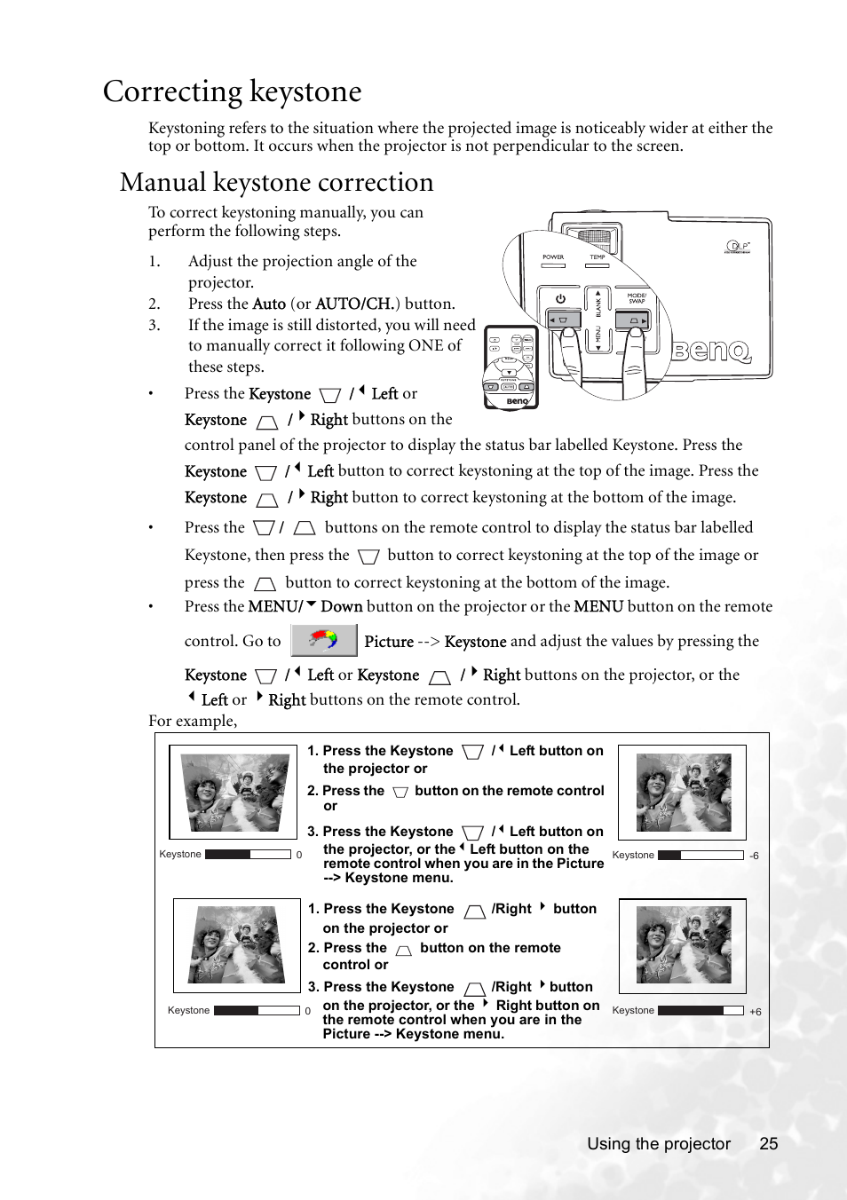 Correcting keystone, Manual keystone correction, Correcting keystone" on | BenQ CP120 User Manual | Page 33 / 66