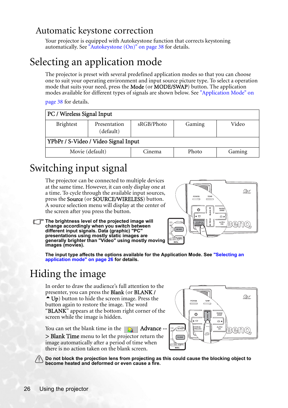 Automatic keystone correction, Selecting an application mode, Switching input signal | Hiding the image | BenQ CP120 User Manual | Page 34 / 66