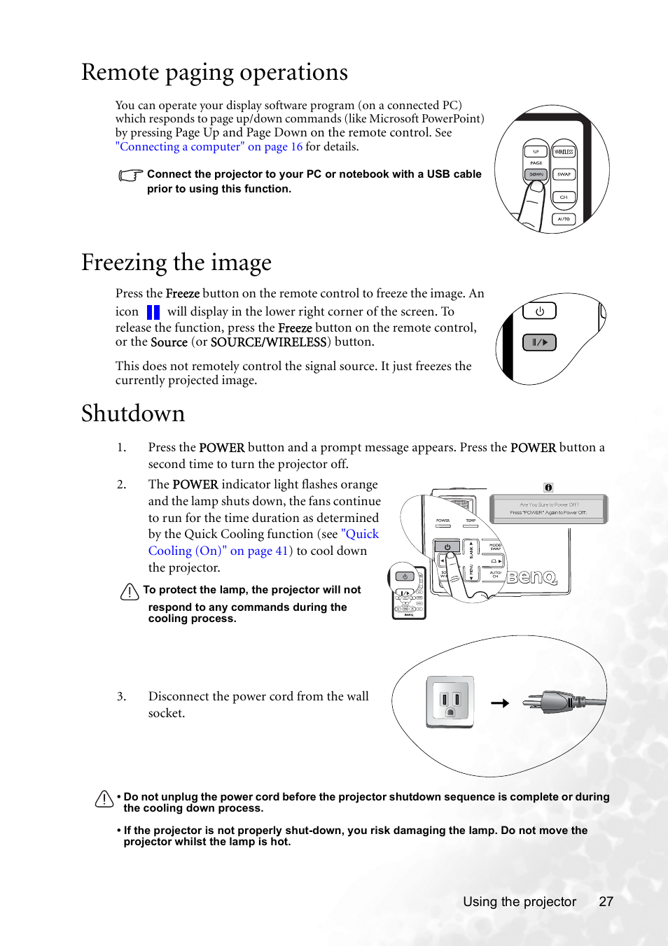 Remote paging operations, Freezing the image, Shutdown | Remote paging, Remote paging operations" on | BenQ CP120 User Manual | Page 35 / 66