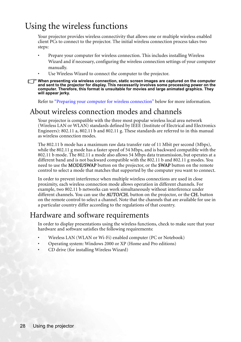 Using the wireless functions, About wireless connection modes and channels, Hardware and software requirements | Using, Using the, Using the wireless | BenQ CP120 User Manual | Page 36 / 66
