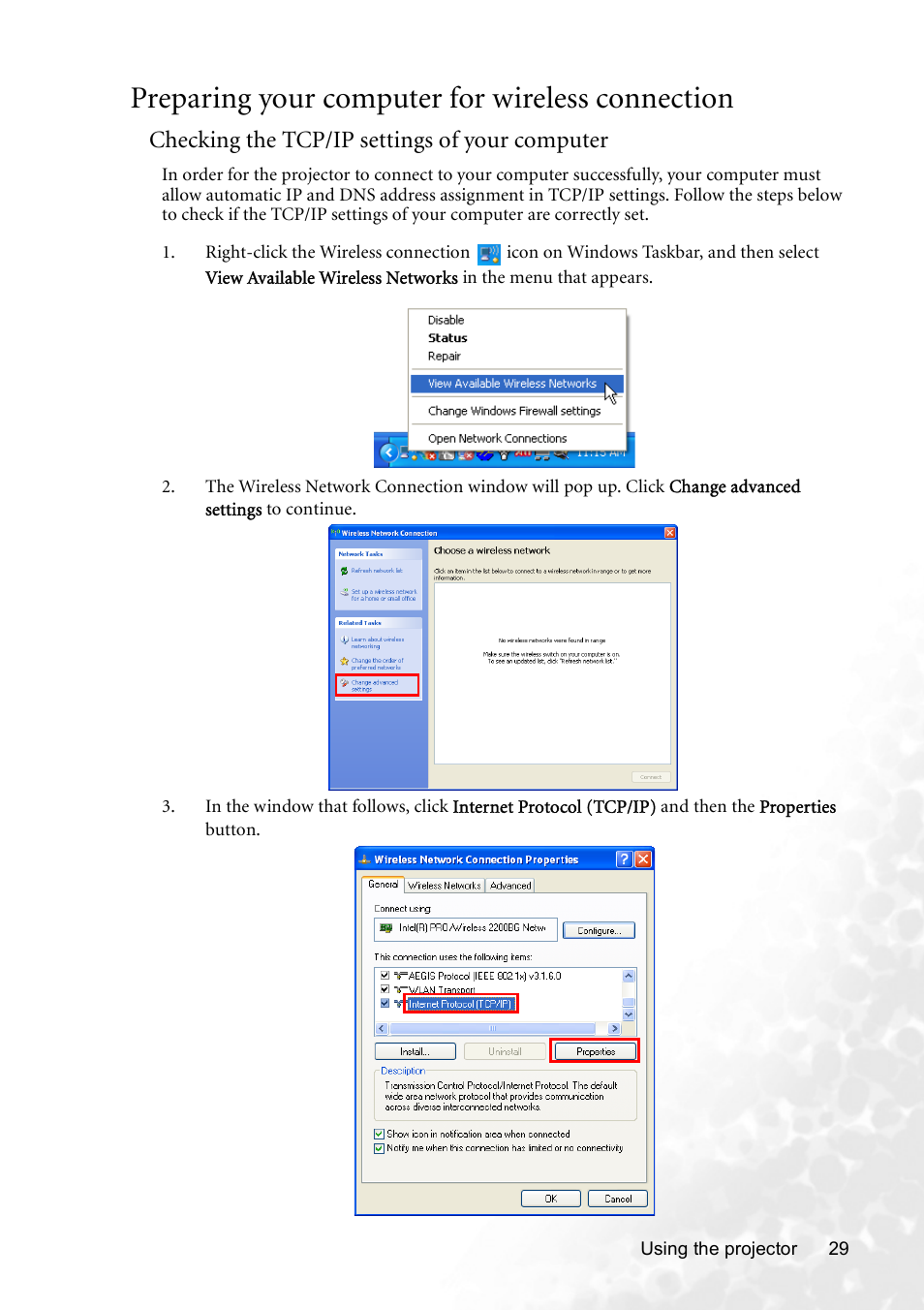 Preparing your computer for wireless connection, Checking the tcp/ip settings of your computer | BenQ CP120 User Manual | Page 37 / 66